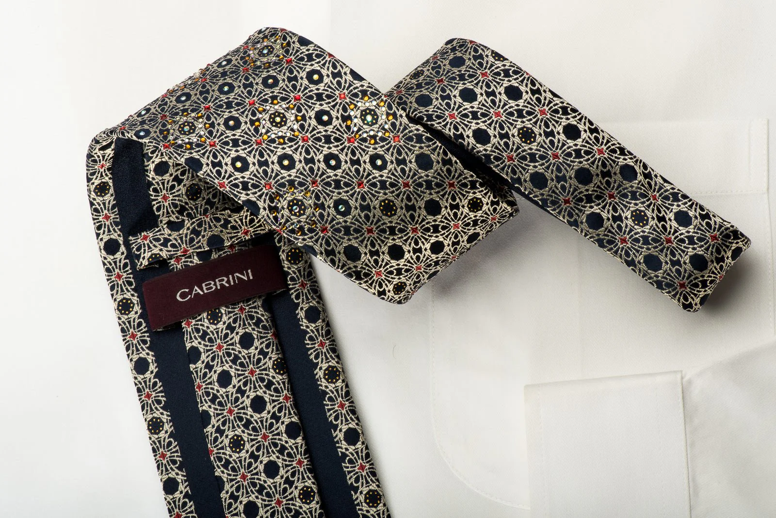 Arabesque On Navy Silk Tie With Rhinestones & Gold Sparkles - Image 5