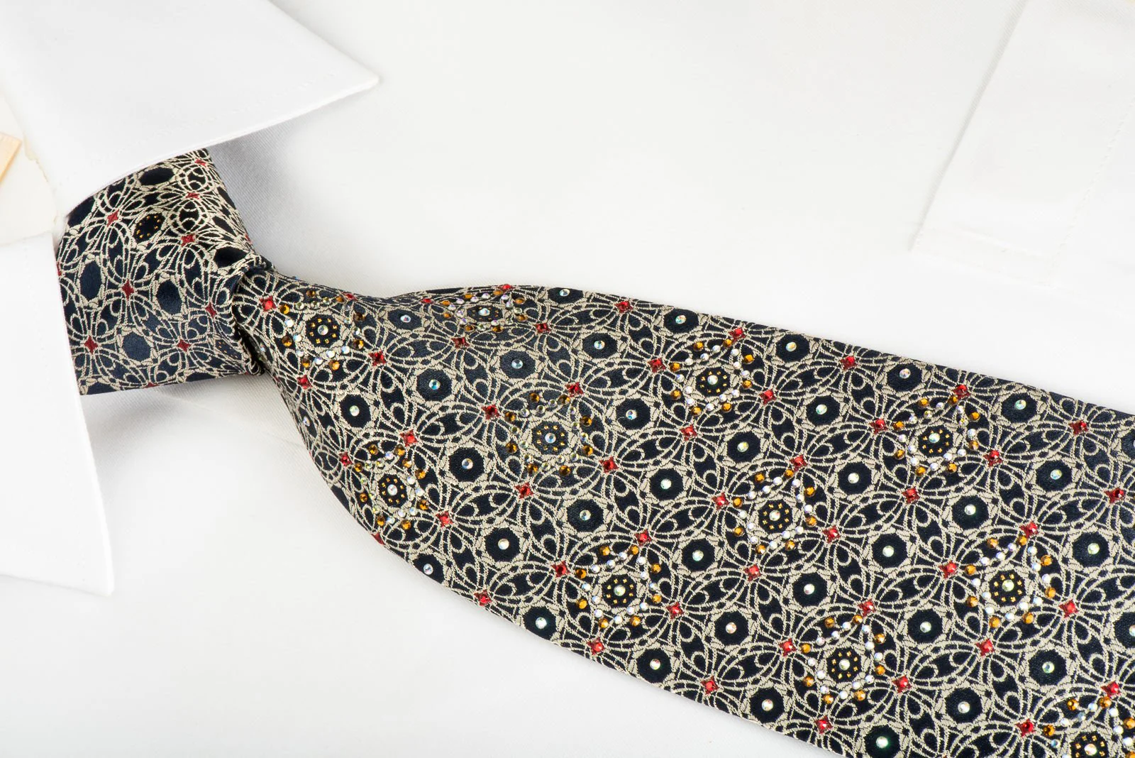 Arabesque On Navy Silk Tie With Rhinestones & Gold Sparkles - Image 7