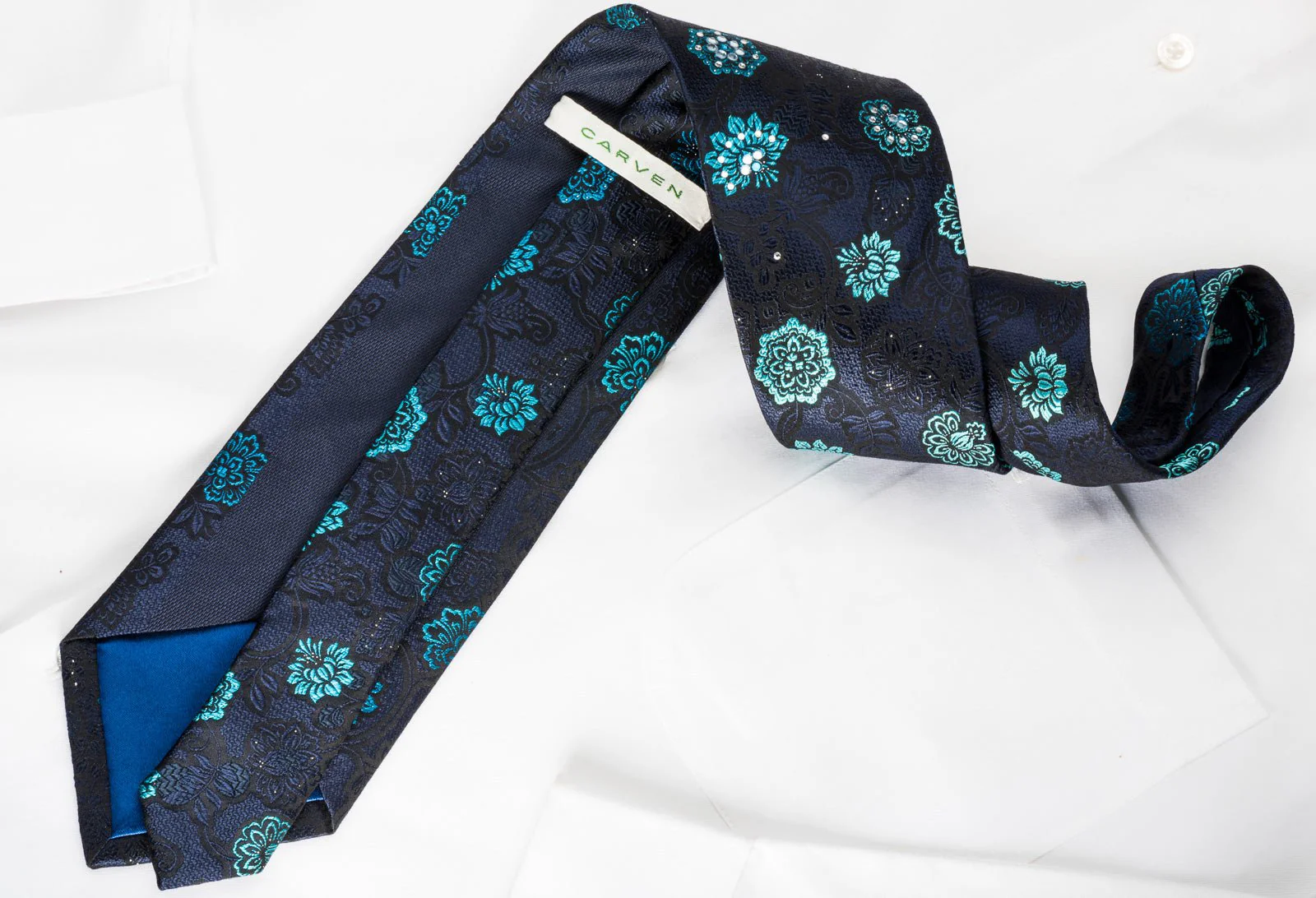 Carven Rhinestone Silk Necktie Blue Floral On Black With Silver Sparkles - Image 3