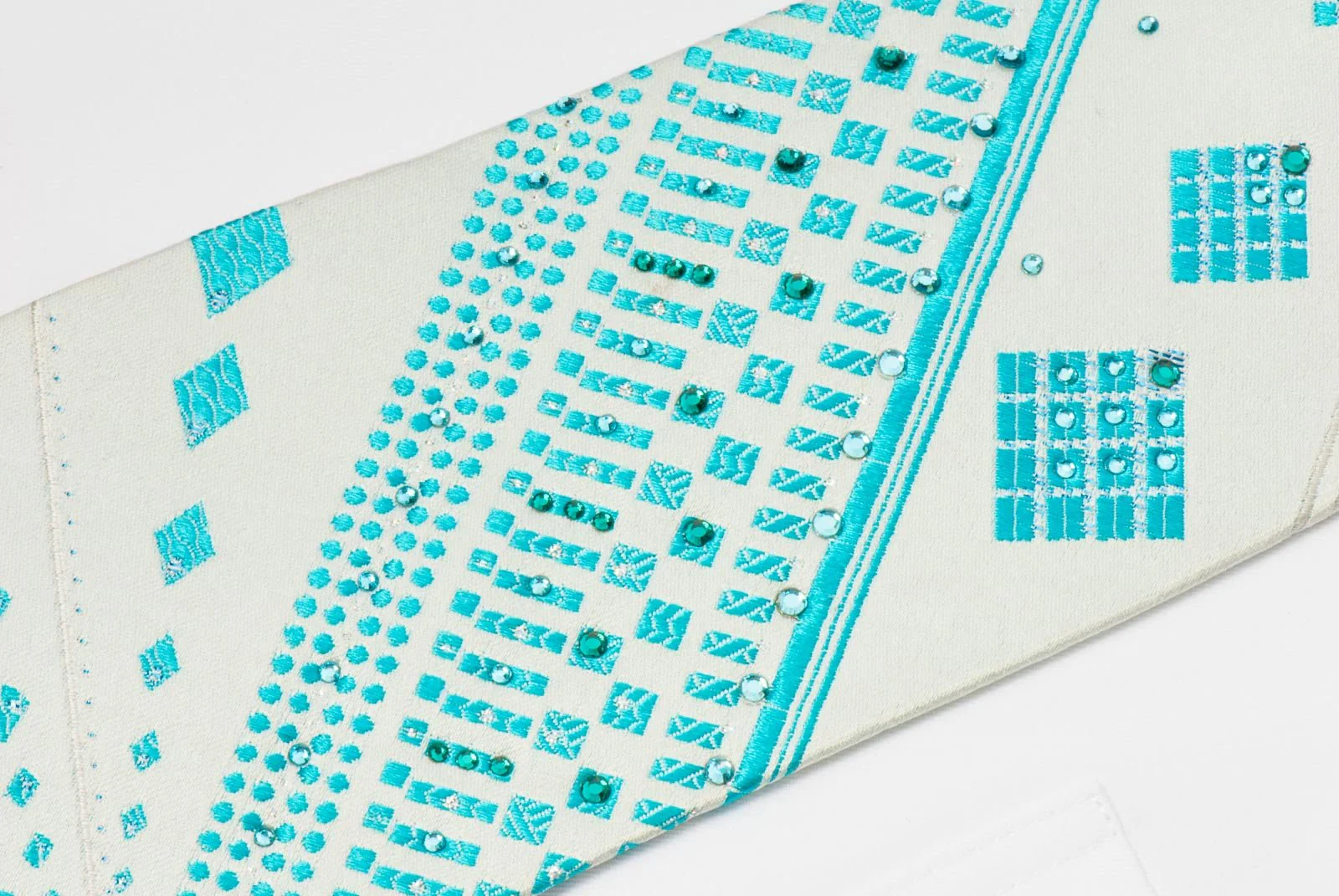 Charles Jourdan Crystal Rhinestone Tie Blue Geometric Stripes On White Silk - Image 5