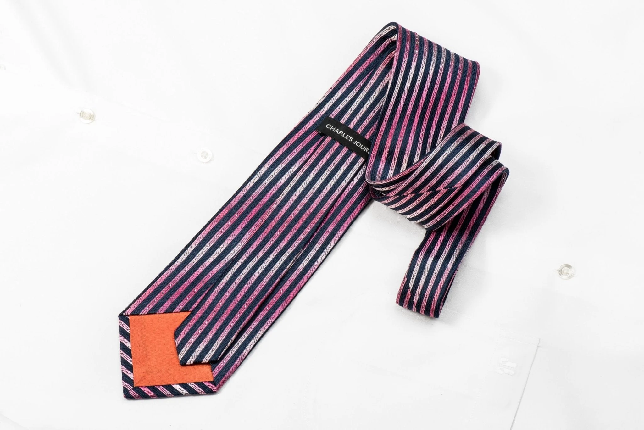 Charles Jourdan Men's Crystal silk Necktie Pink Blue Vertical Striped With Silver Sparkles - Image 3