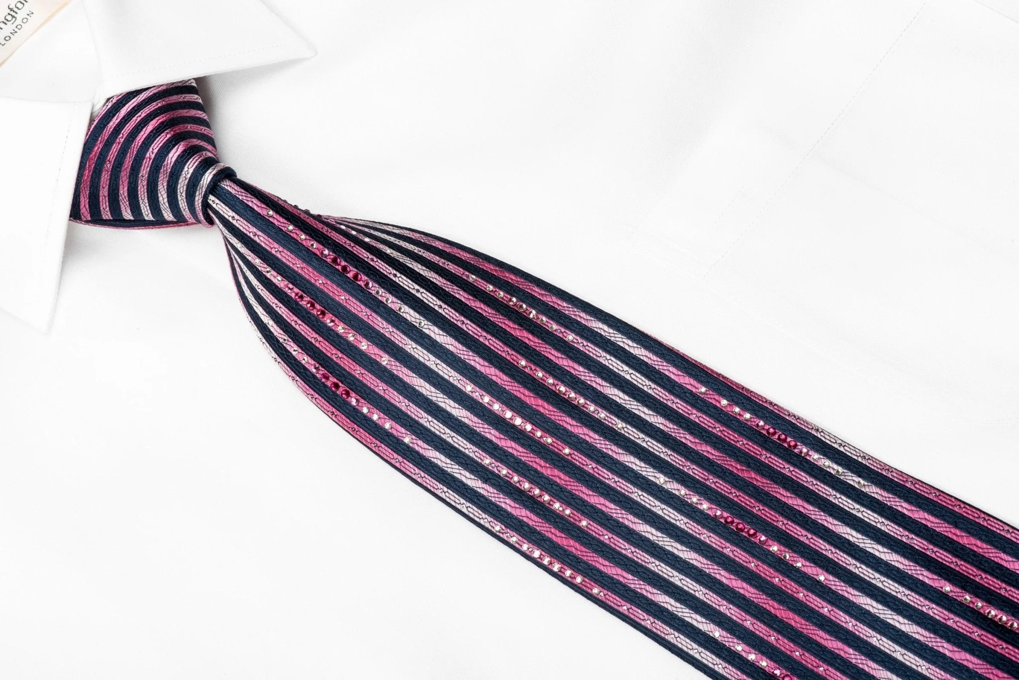 Charles Jourdan Men's Crystal silk Necktie Pink Blue Vertical Striped With Silver Sparkles - Image 4