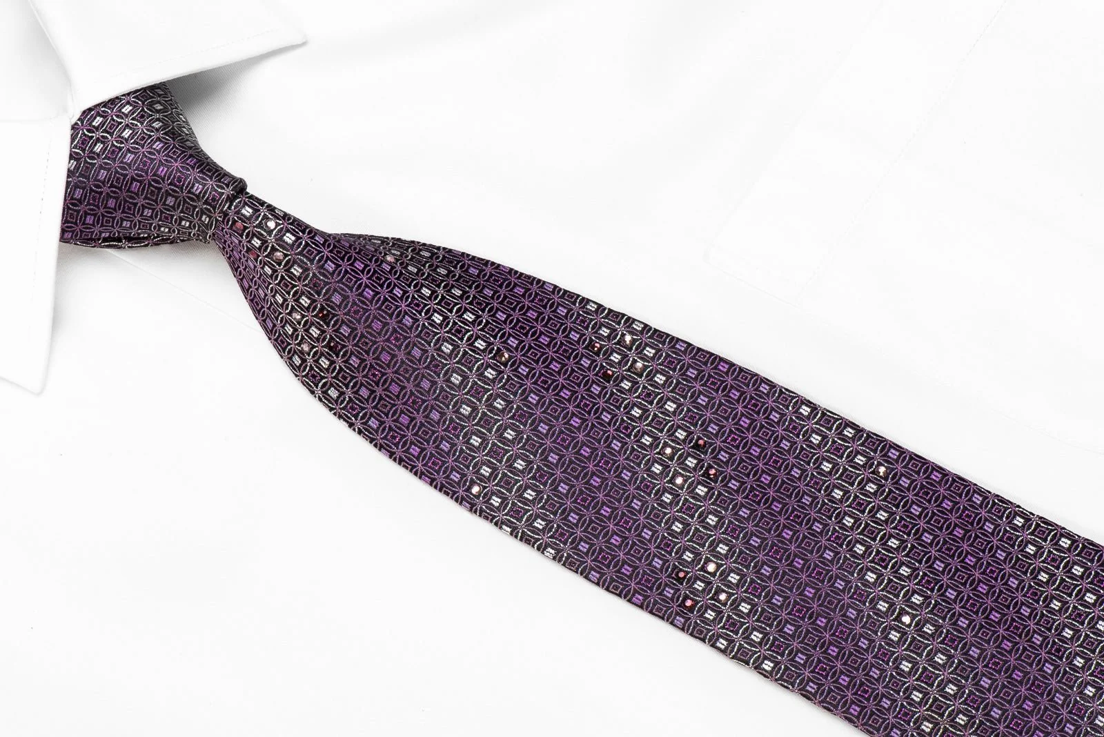 Charles Jourdan Men's Crystal Silk Necktie Purple Interlocking Circles On Navy With Sparkles - Image 4
