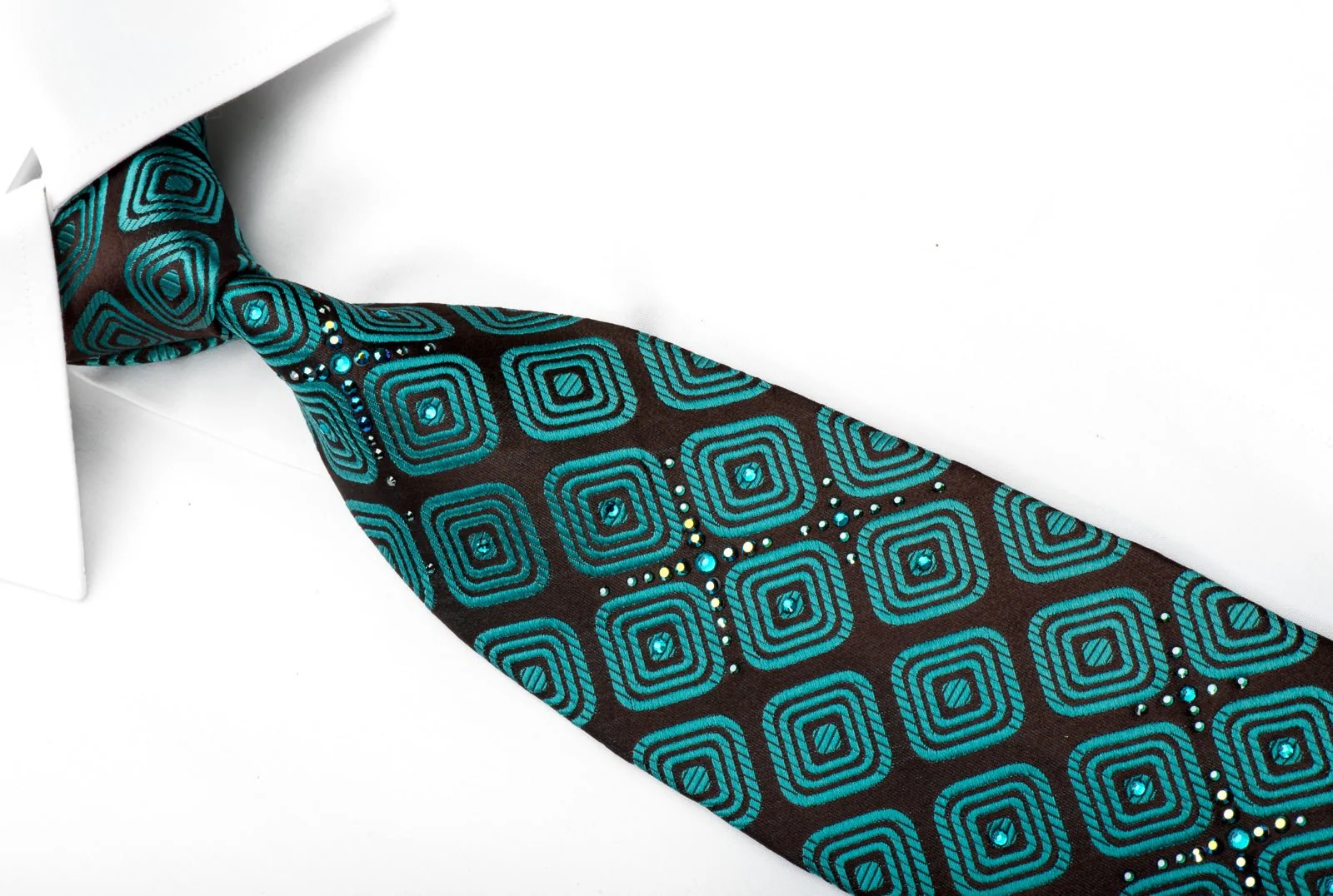 Charles Jourdan Men's Silk Tie Turquoise Geometric On Black Sparkling With Rhinestones - Image 3