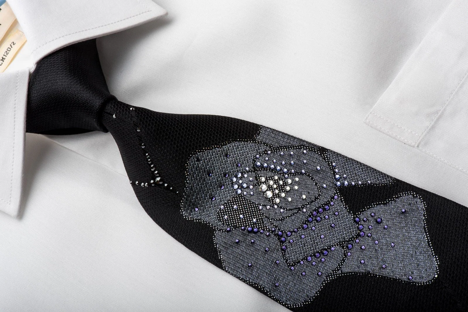 Charles Jourdan Rhinestone Silk Necktie Floral On Balck With Silver Sparkles - Image 3