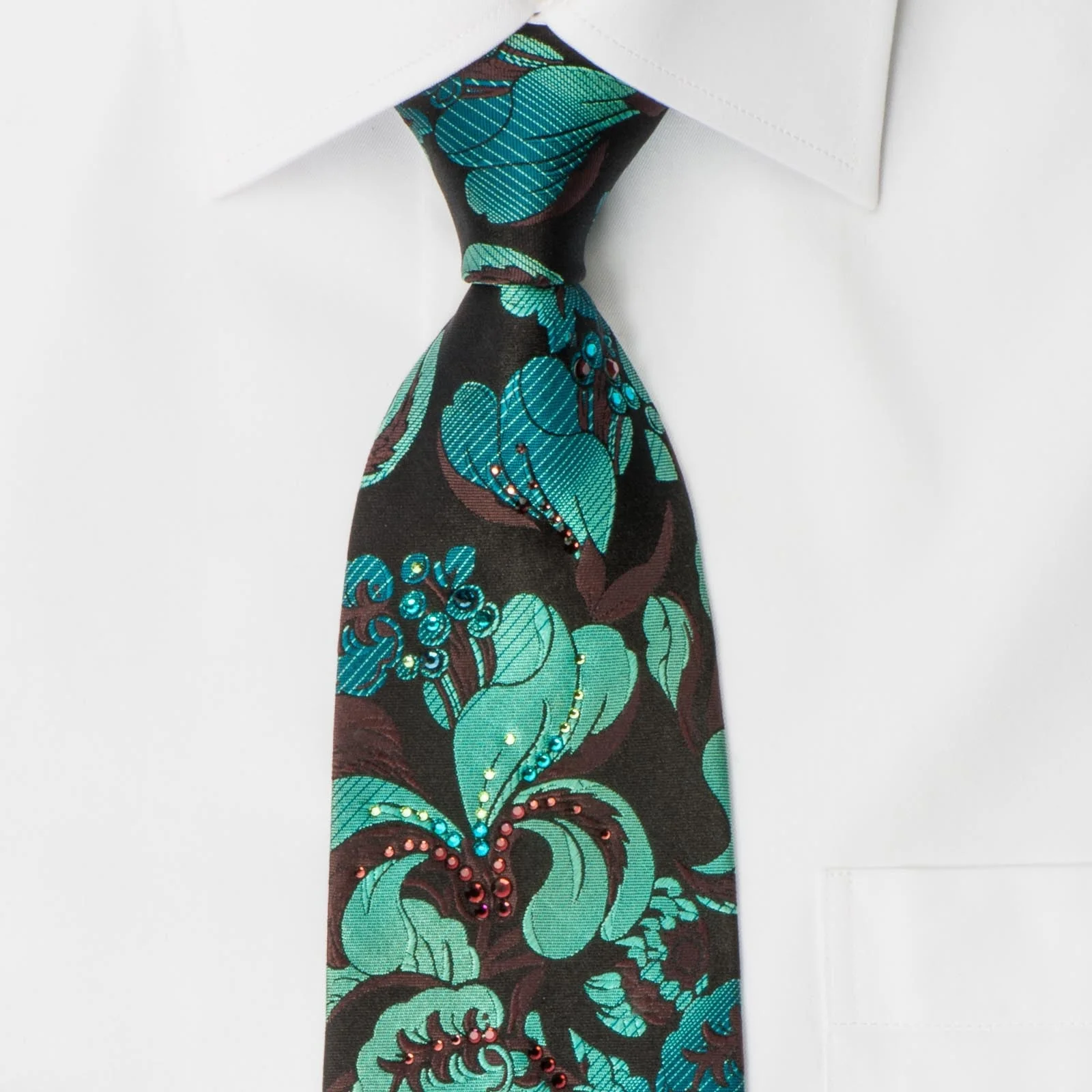 Charles Jourdan Rhinestone Silk Tie Turquoise Floral Orchids On Black - Image 4