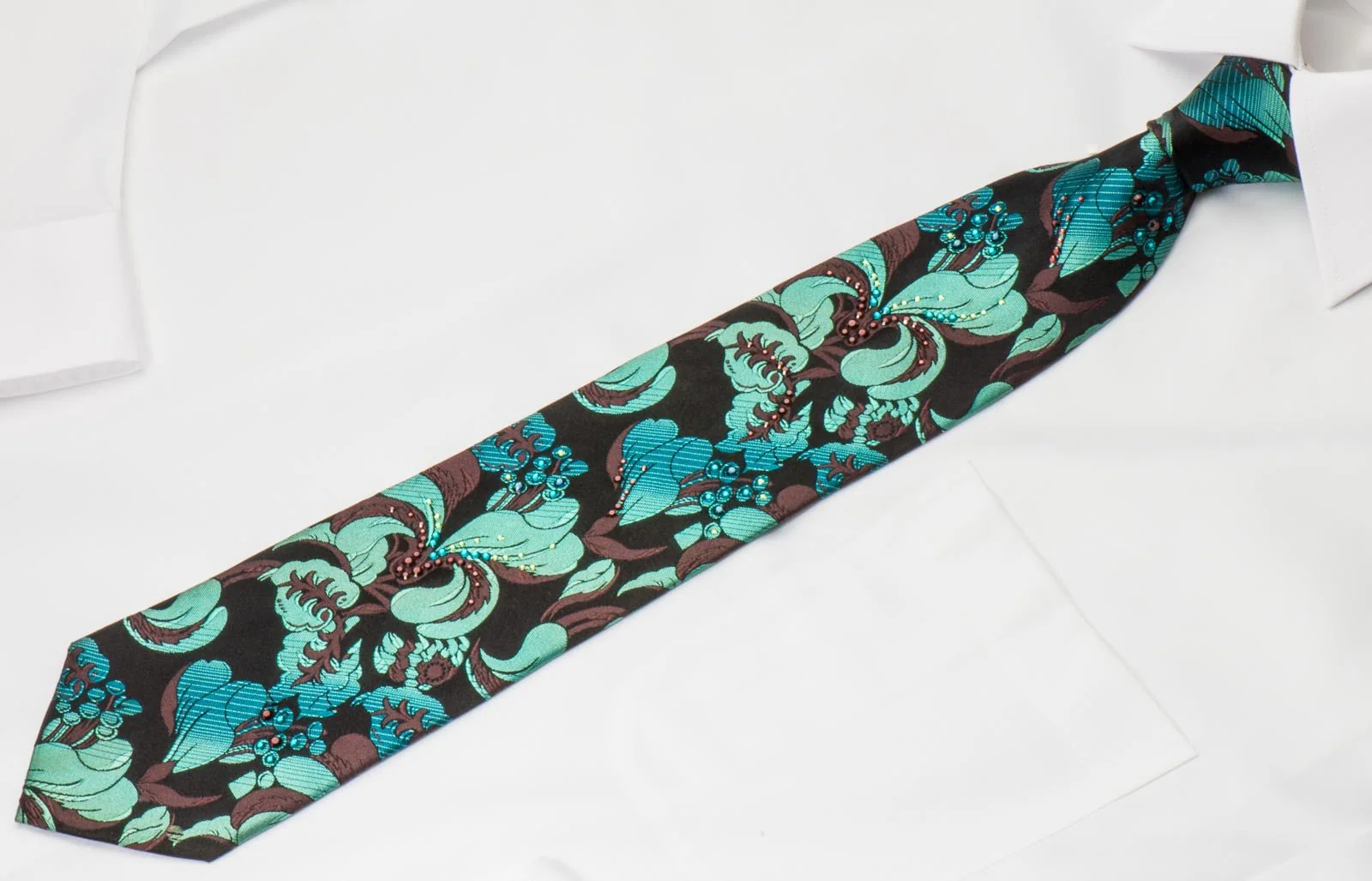 Charles Jourdan Rhinestone Silk Tie Turquoise Floral Orchids On Black - Image 5
