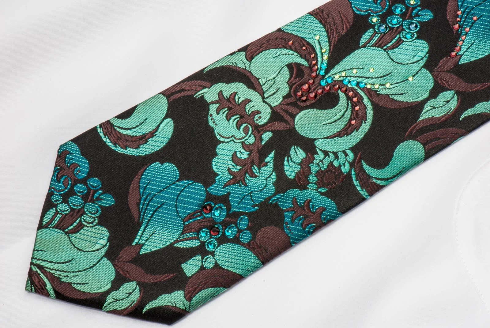 Charles Jourdan Rhinestone Silk Tie Turquoise Floral Orchids On Black - Image 7
