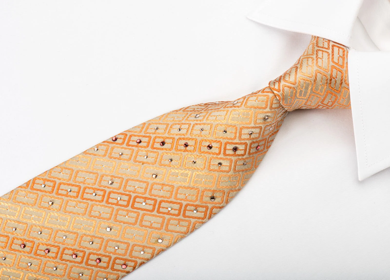 Charles Jourdan Silk Rhinestone Necktie Orange Geometric Striped With Sparkles - Image 3