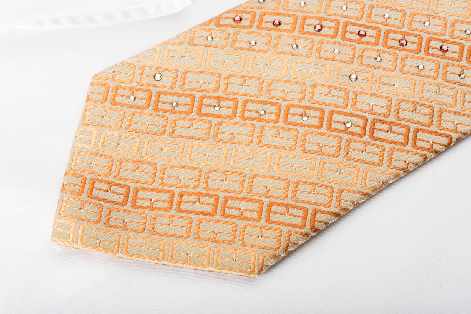 Charles Jourdan Silk Rhinestone Necktie Orange Geometric Striped With Sparkles - Image 4
