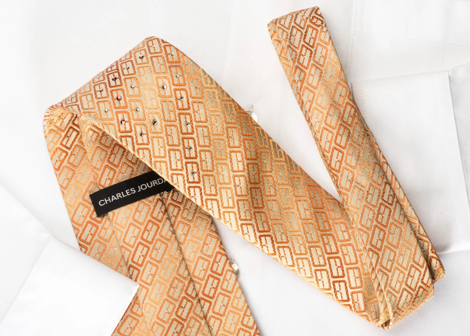 Charles Jourdan Silk Rhinestone Necktie Orange Geometric Striped With Sparkles - Image 6