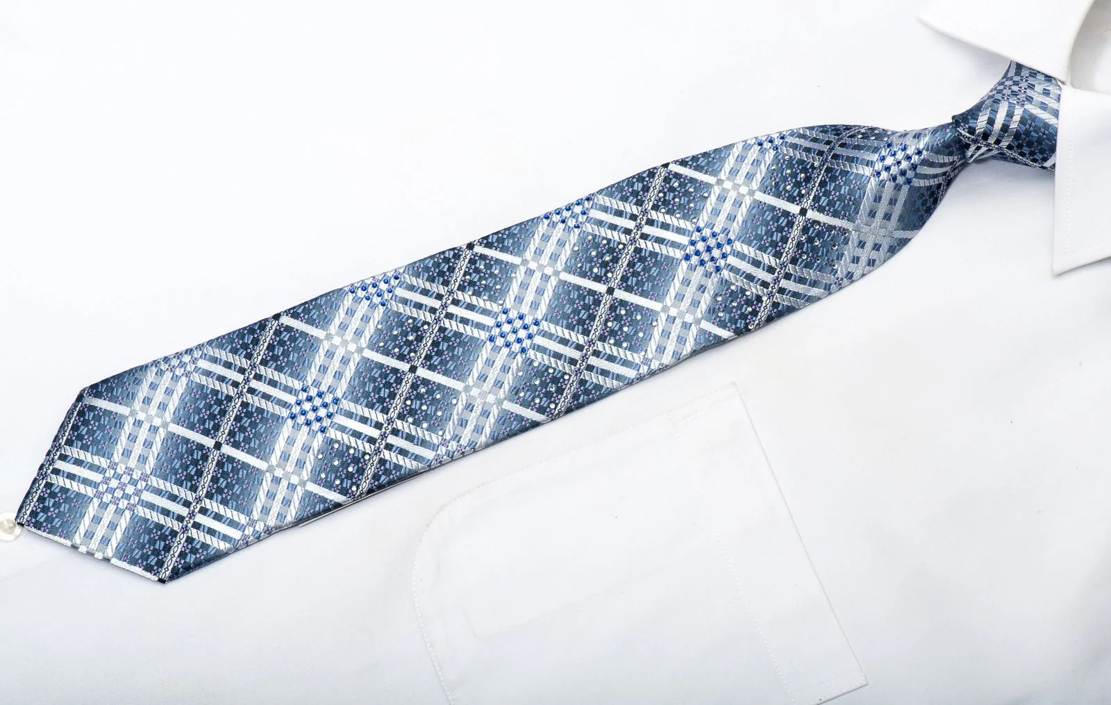 Christian Aujard Men's Silk Rhinestone Necktie Silver Checkered On Blue With Sparkles - Image 3