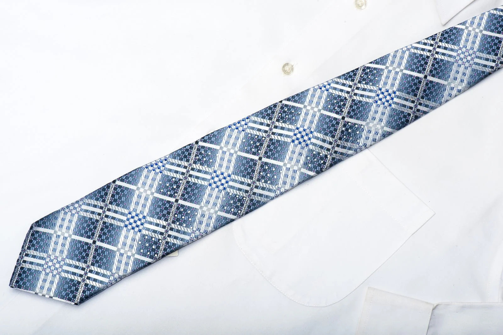 Christian Aujard Men's Silk Rhinestone Necktie Silver Checkered On Blue With Sparkles - Image 4