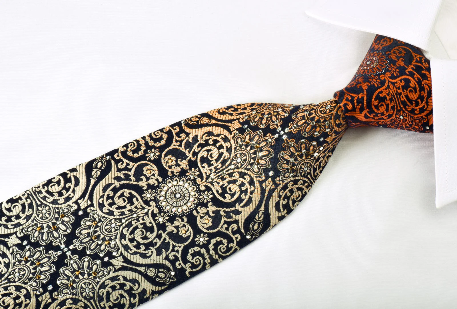 Christian Aujard Rhinestone Silk Necktie Orange Damask On Navy With Silver Sparkles - Image 3