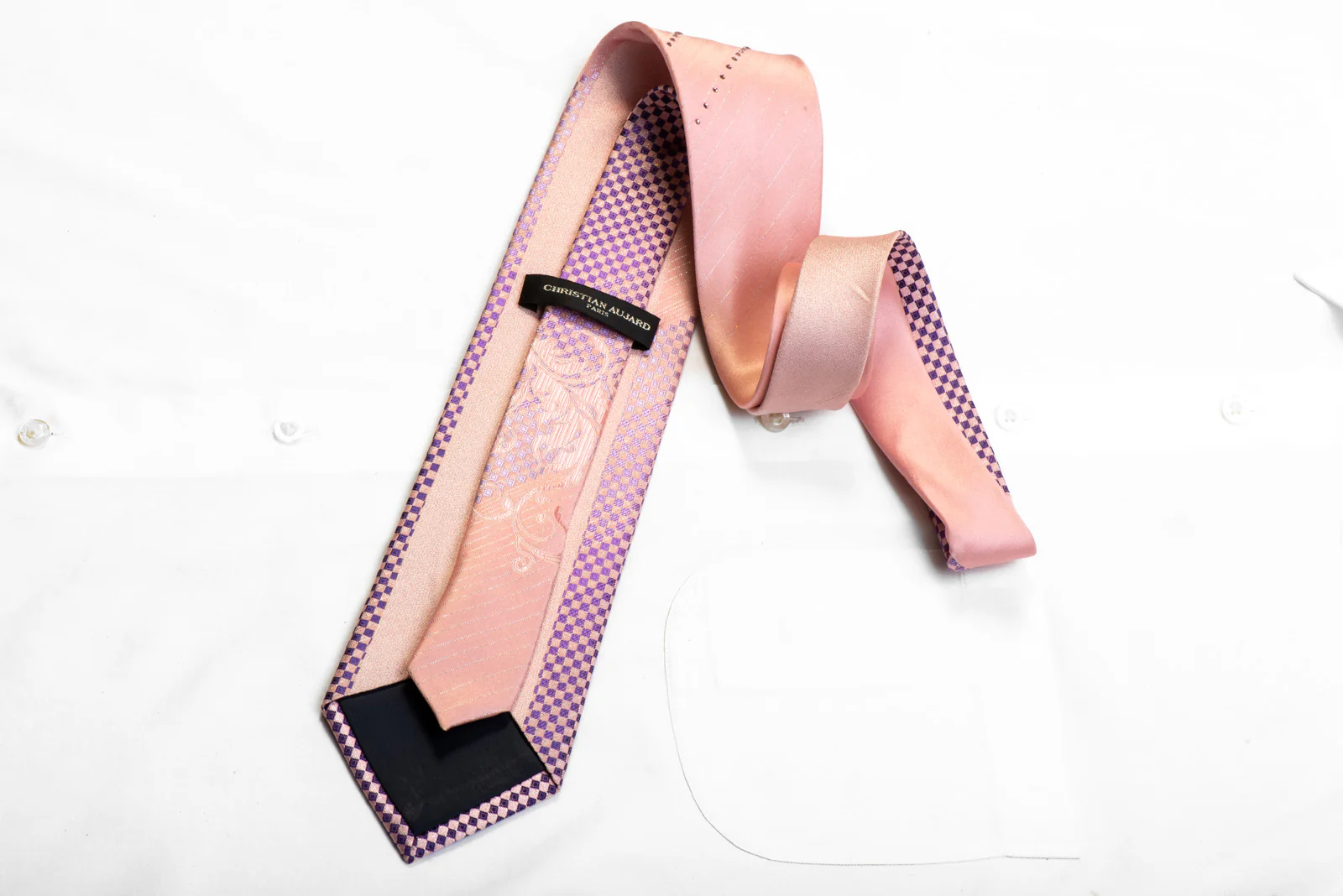 Christian Aujard Rhinestone Silk Tie Purple Checkered Scrolls On Pink - Image 5