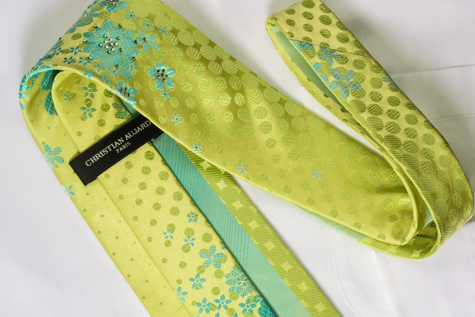 Christian Aujard Silk Rhinestone Tie Turquoise Floral On Lime Green With Silver Sparkles - Image 5