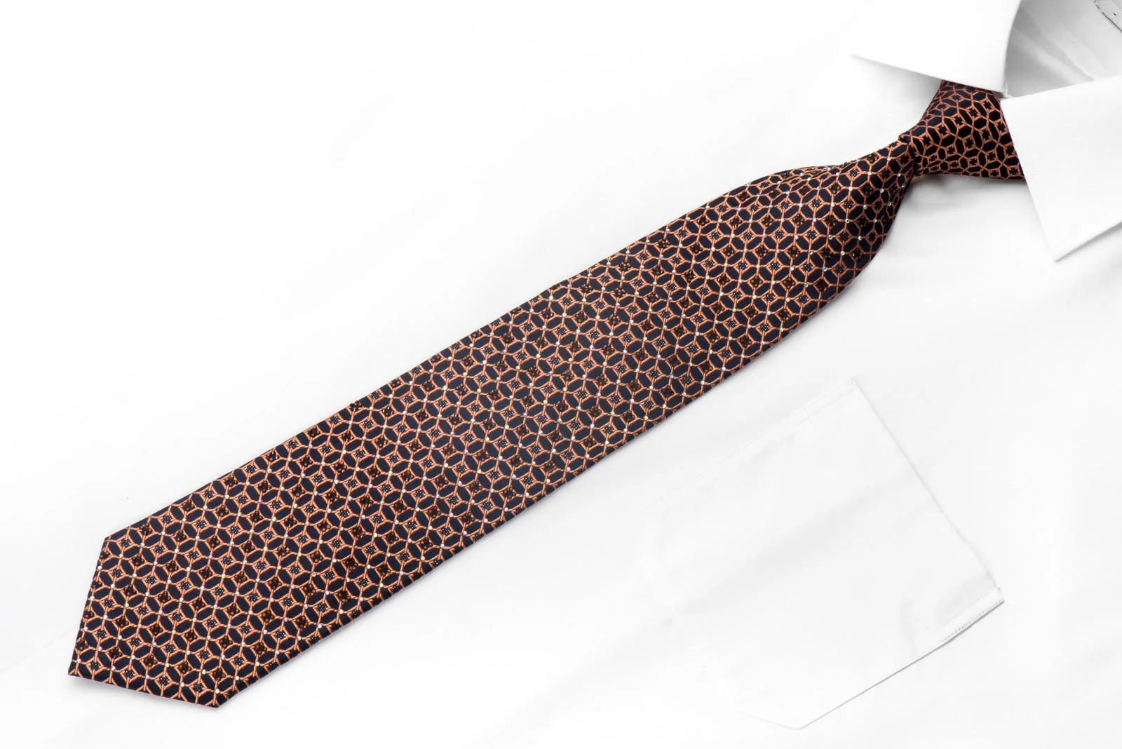 Christian Lacroix Men's Rhinestone Silk Necktie Orange Trellis On Navy With Silver Sparkles - Image 3