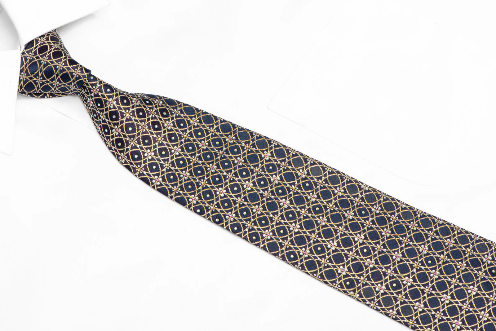Gold Interlocking Circles On Navy Blue Rhinestone Silk Necktie With Sparkles - Image 2