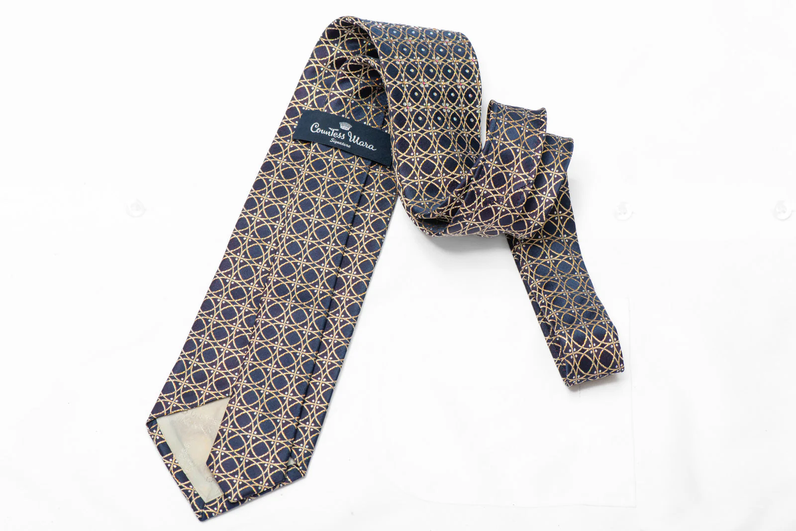 Gold Interlocking Circles On Navy Blue Rhinestone Silk Necktie With Sparkles - Image 4