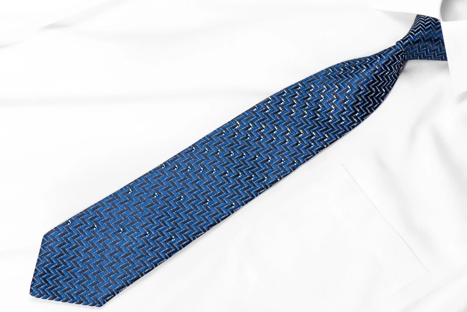 Countess Mara Men's Crystal Rhinestone Silk Tie Chevron Design On Blue - Image 2