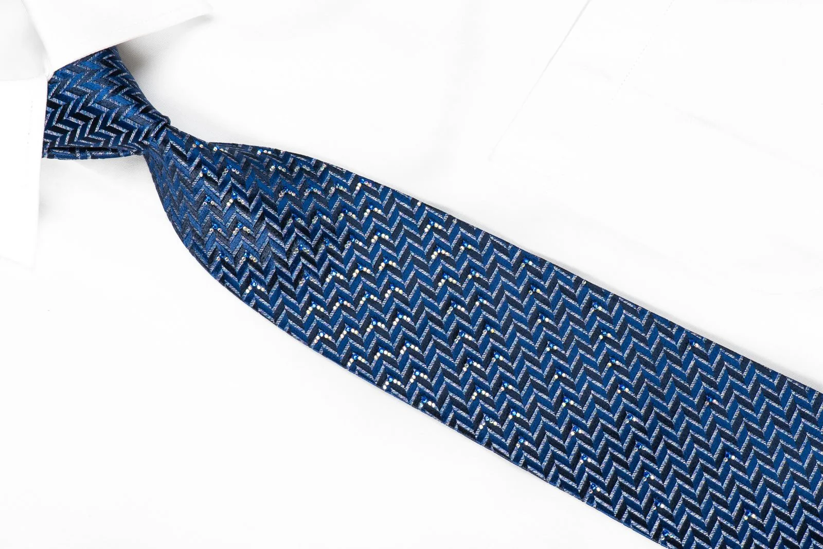 Countess Mara Men's Crystal Rhinestone Silk Tie Chevron Design On Blue - Image 3