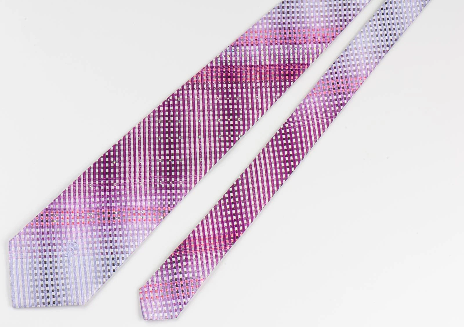 Countess Mara Men's Rhinestone Silk Tie Purple Striped On White With Silver & Purple Sparkles - Image 2