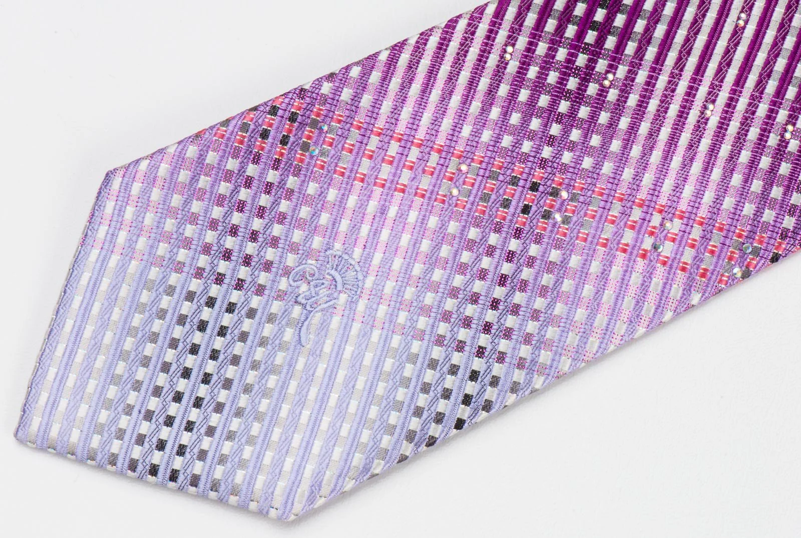 Countess Mara Men's Rhinestone Silk Tie Purple Striped On White With Silver & Purple Sparkles - Image 6