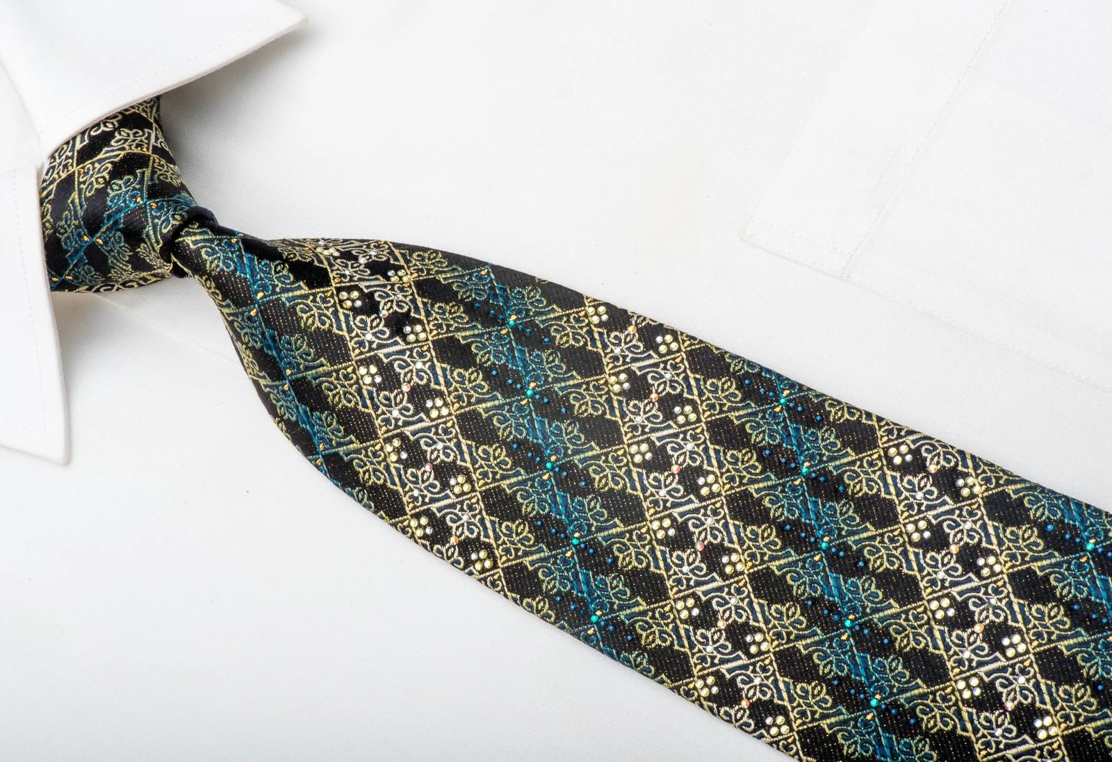 Countess Mara Men's Silk Necktie Cartouche On Black Sparkling With Crystal Rhinestones - Image 2