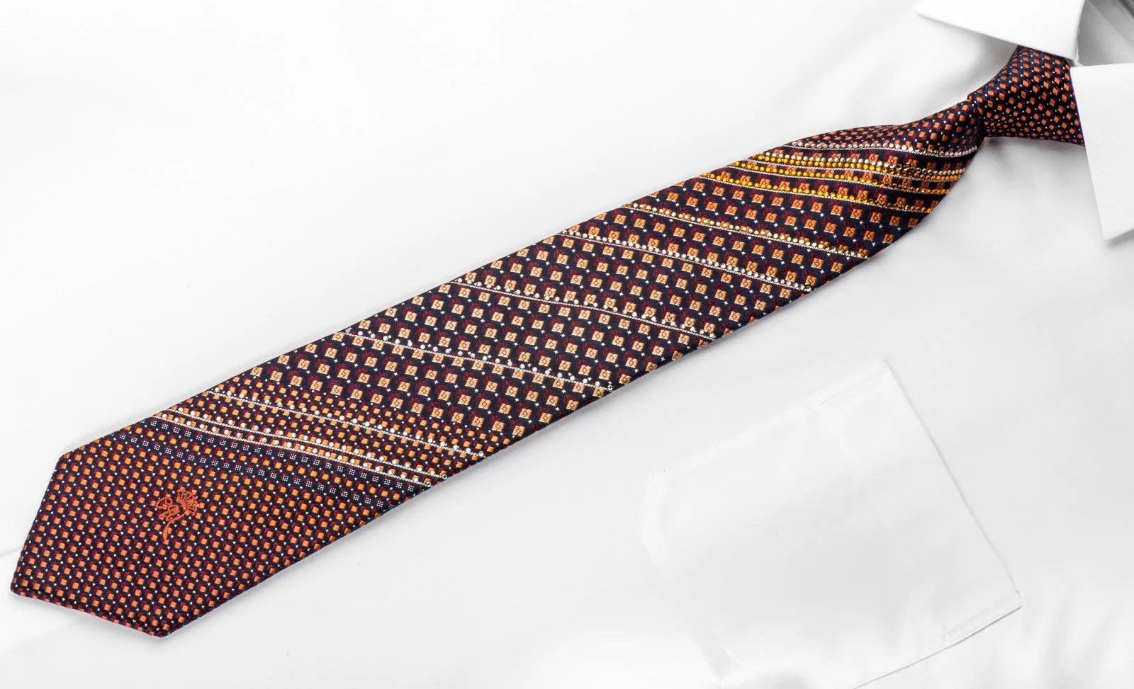 Countess Mara Men's Silk Rhinestone Tie Orange Burgundy Micro Squares On Blue With Silver Sparkles - Image 4