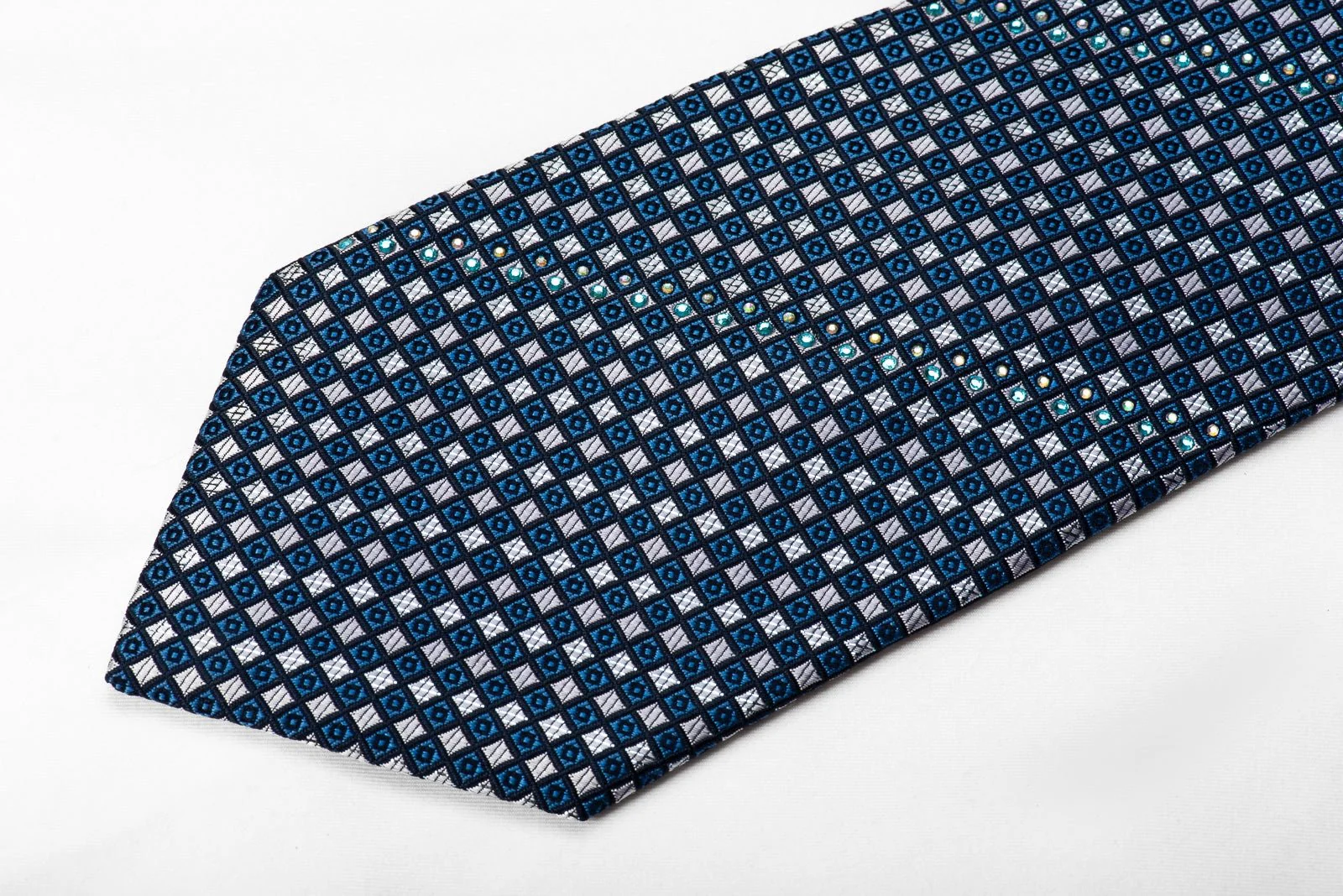Countess Mara Mens Crystal Silk Necktie Silver Blue Checkered With Silver Sparkles - Image 2