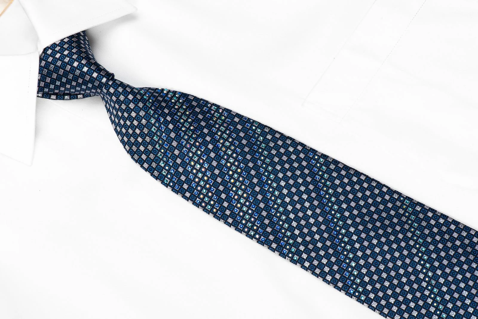 Countess Mara Mens Crystal Silk Necktie Silver Blue Checkered With Silver Sparkles - Image 3