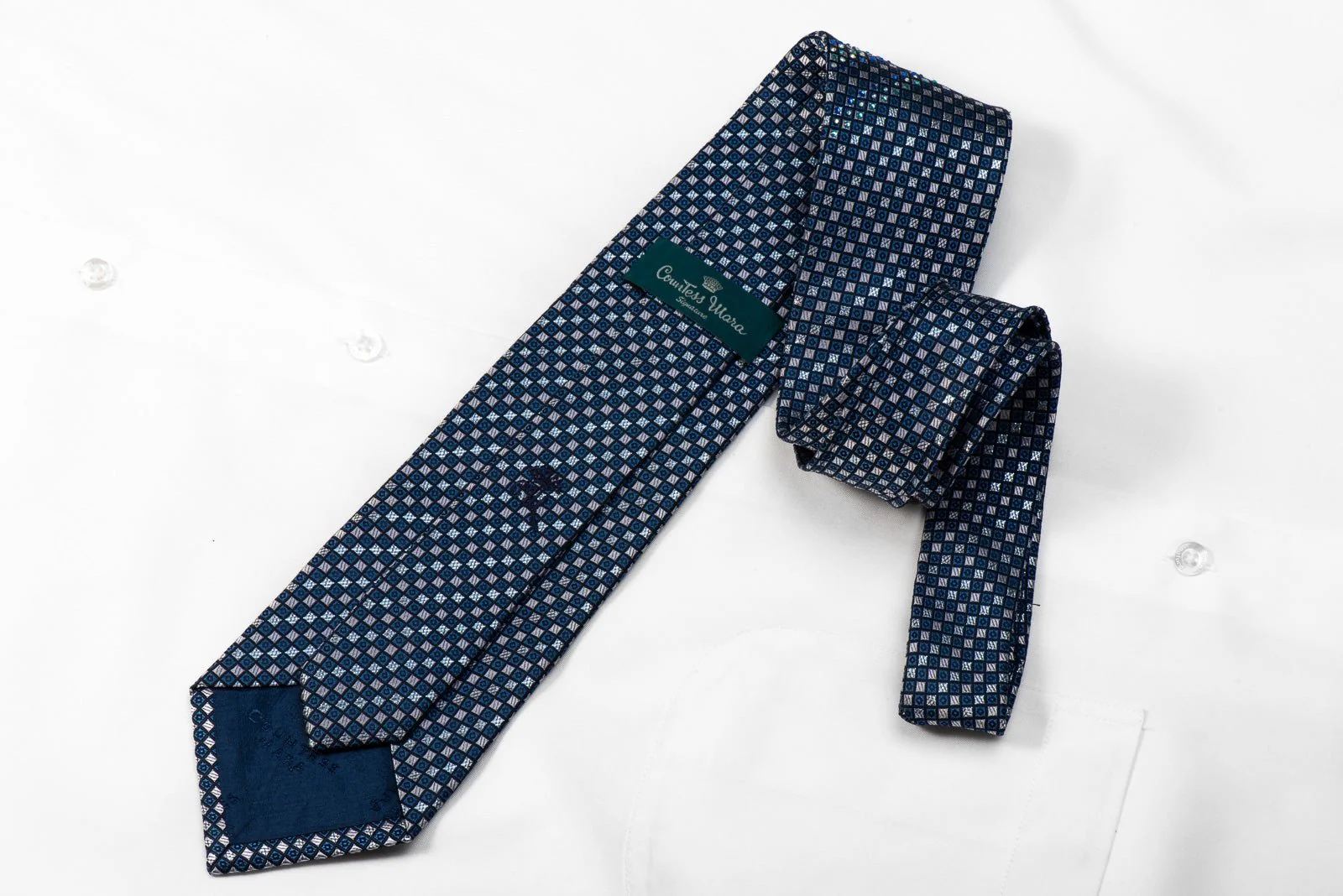 Countess Mara Mens Crystal Silk Necktie Silver Blue Checkered With Silver Sparkles - Image 4