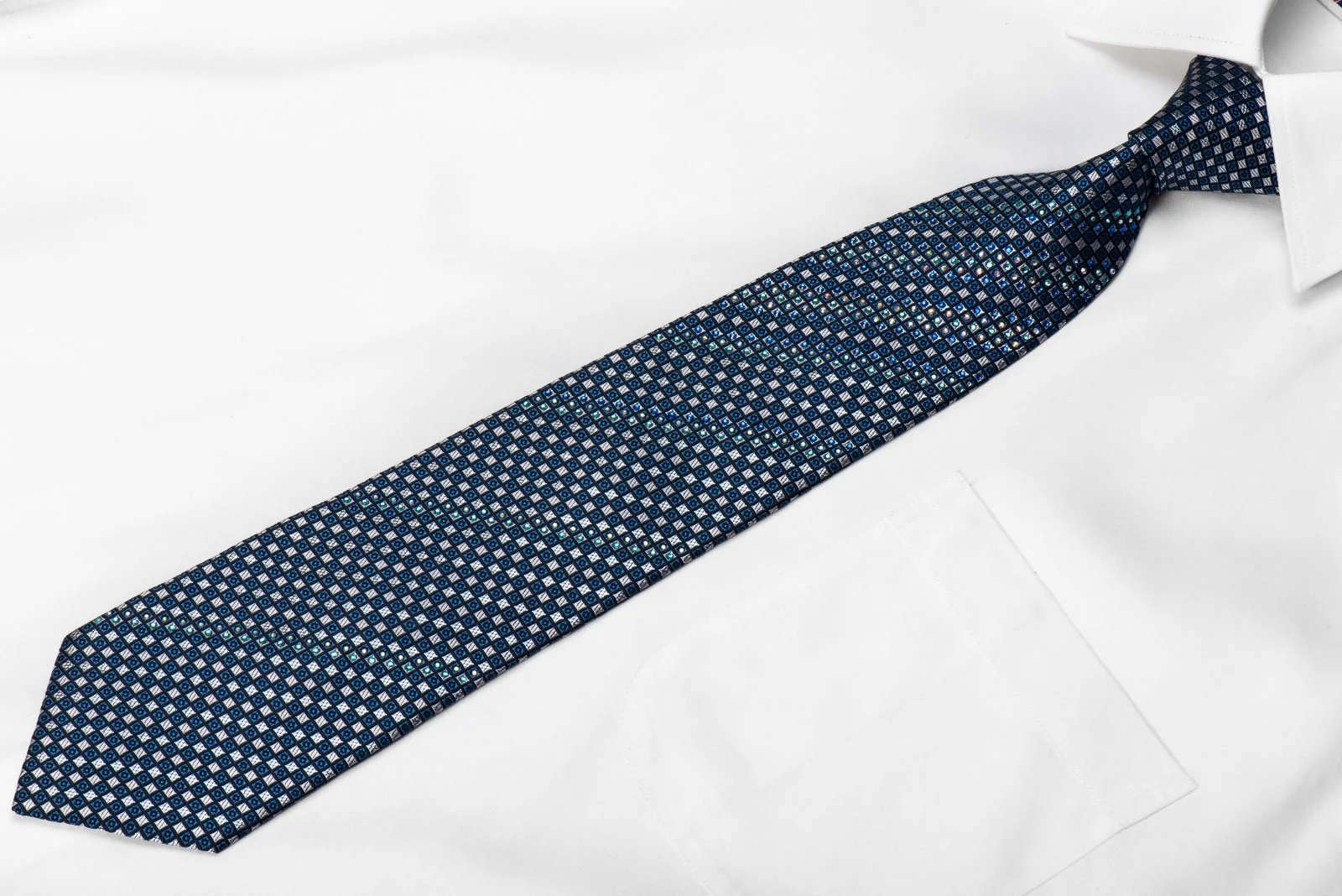 Countess Mara Mens Crystal Silk Necktie Silver Blue Checkered With Silver Sparkles - Image 5