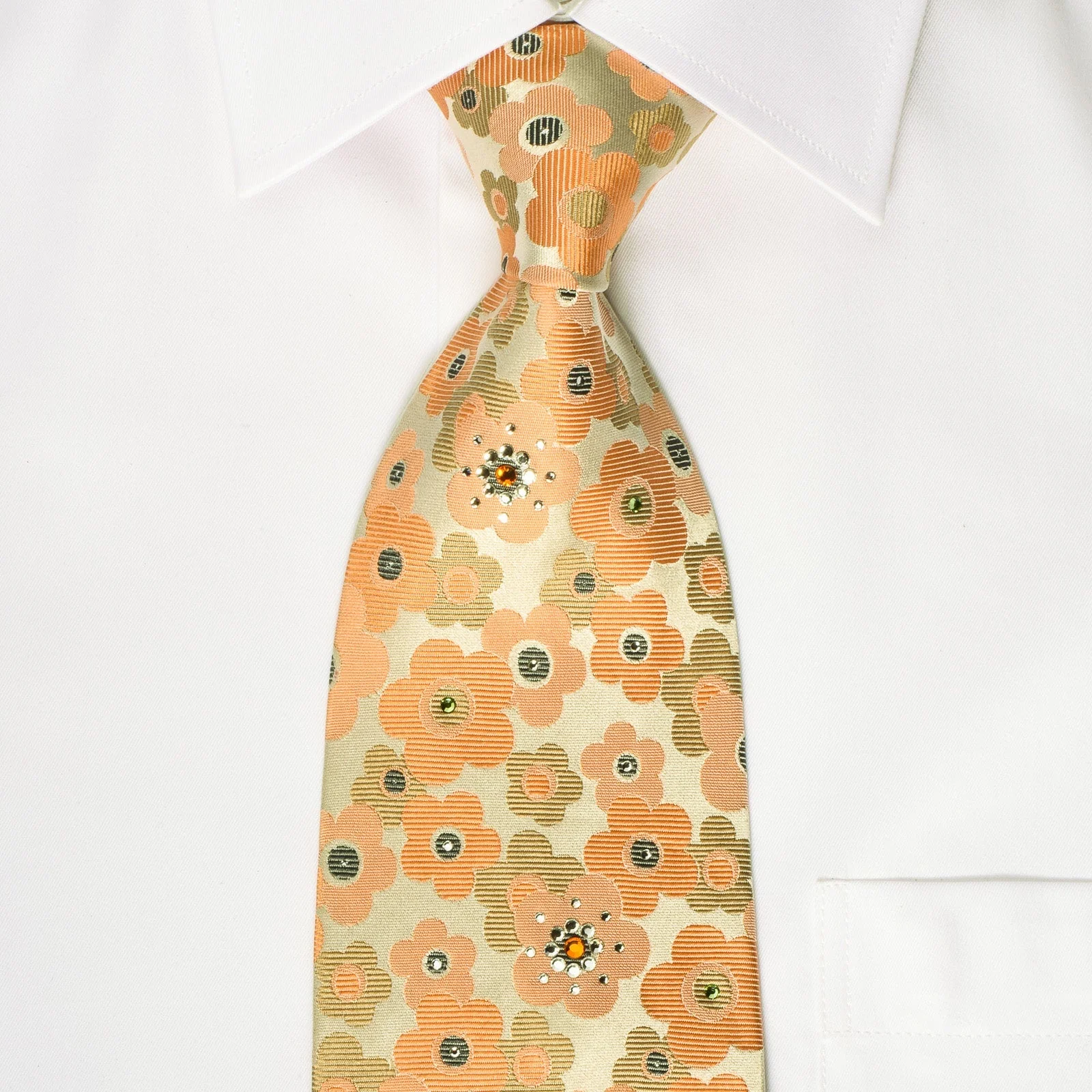 Countess Mara Rhinestone Necktie Orange Floral With Silver Sparkles