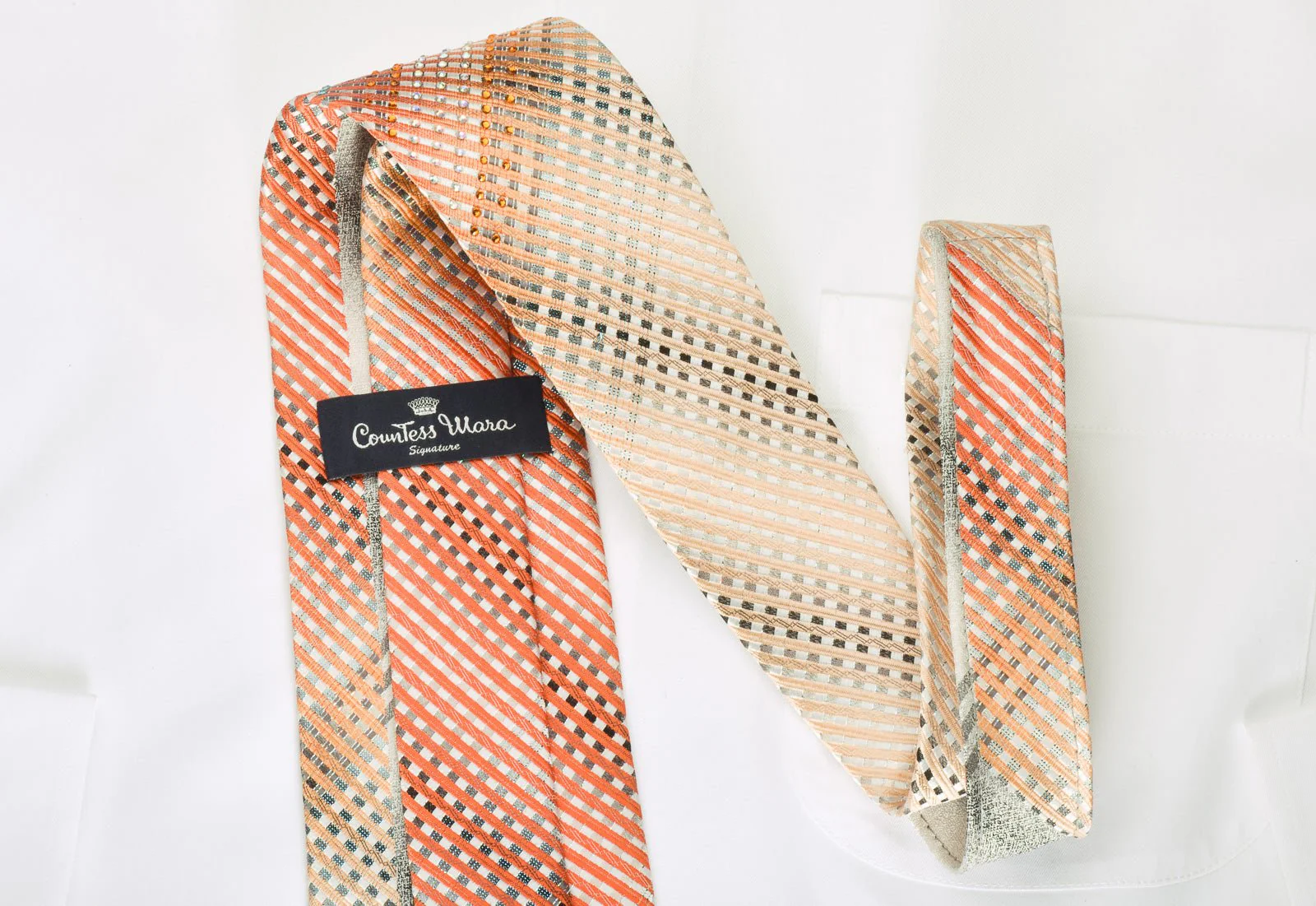 Countess Mara Rhinestone Necktie Orange Stripes On Silver With Blue Sparkles - Image 3
