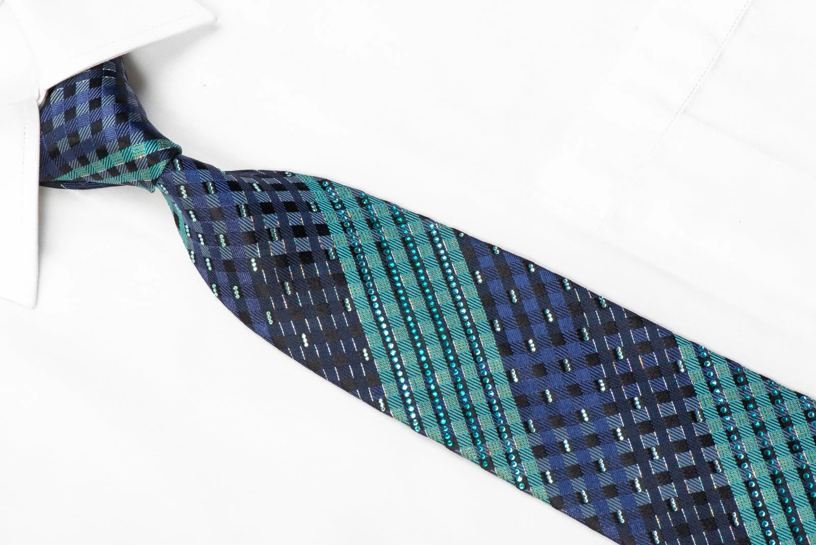 Countess Mara Rhinestone Silk Necktie Blue Striped Checker On Black With Sparkles - Image 2