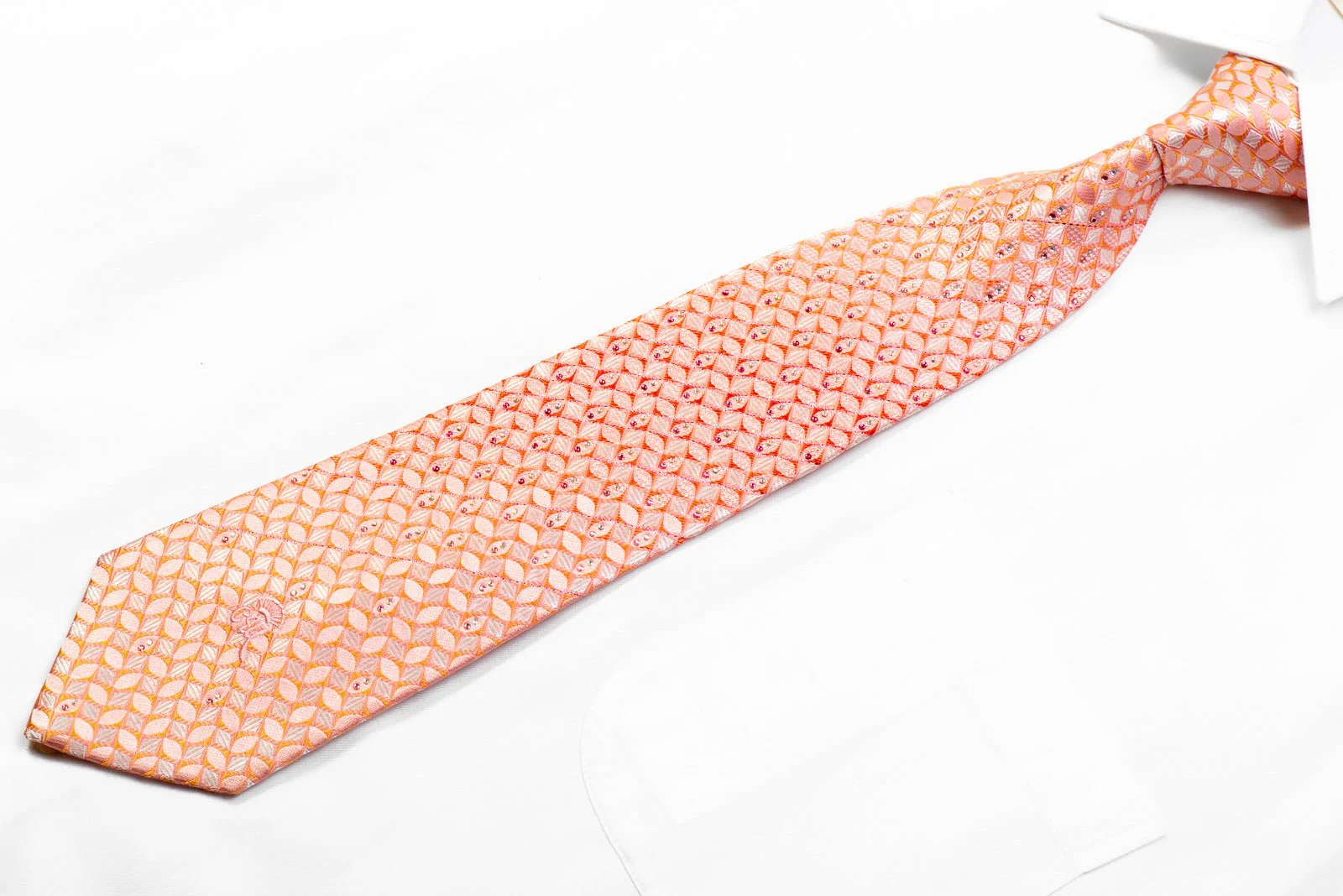 Countess Mara Rhinestone Silk Necktie Pink Orange Geometric Checkered With Sparkles - Image 3