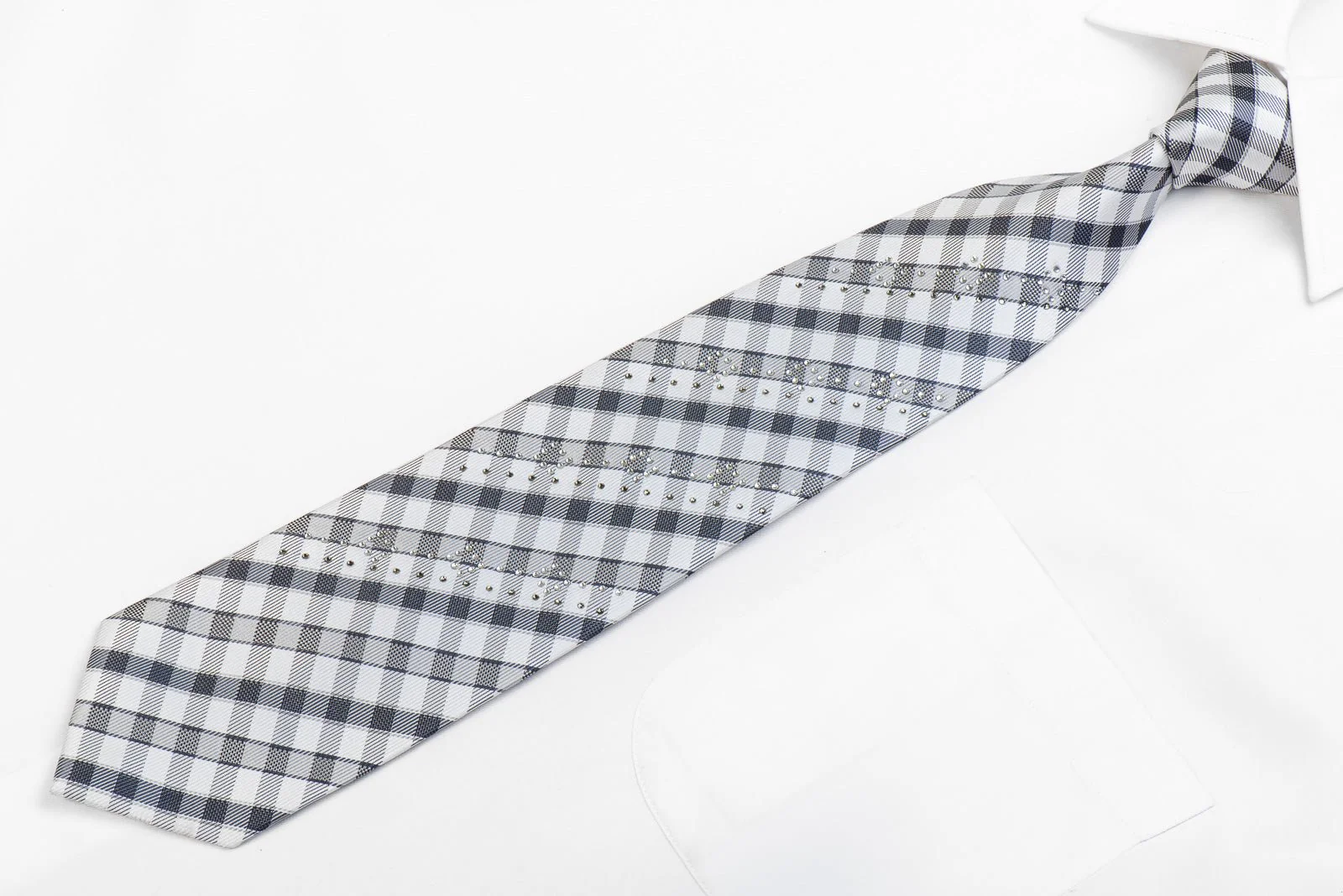 Cravatte Men's Silk Rhinestone Necktie Silver Plaids - Image 3