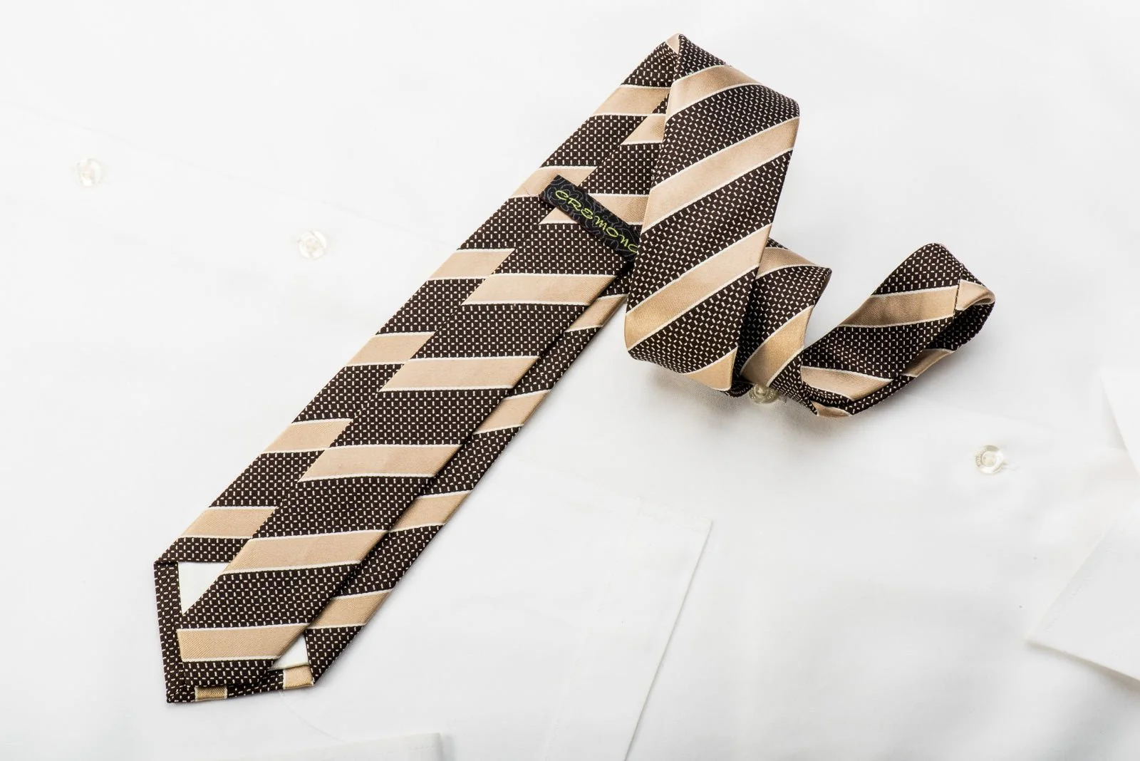 Cremona Men's Silk Skinny Necktie Gold Striped On Dark Brown - Image 4