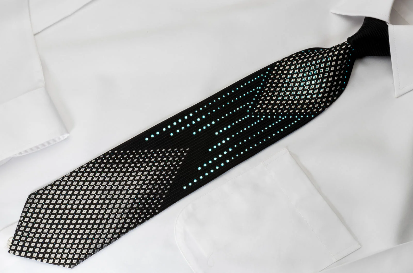 Crocodile Black Silk Rhinestone Necktie Silver Geometric On Black With Blue Sparkles - Image 5