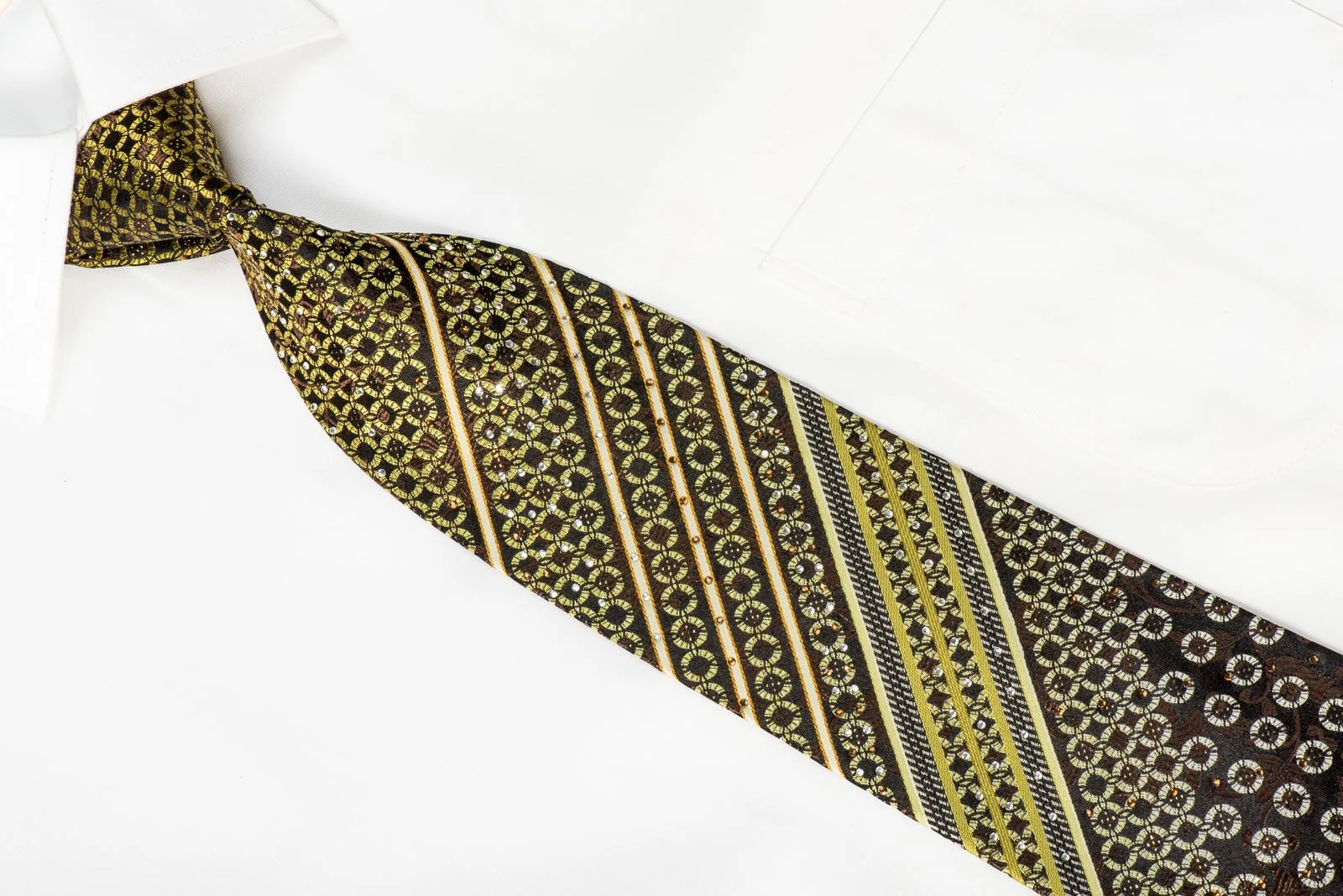 Crocodile Men's Crystal Silk Necktie Green Geometric & Striped On Dark Brown With Sparkles - Image 2