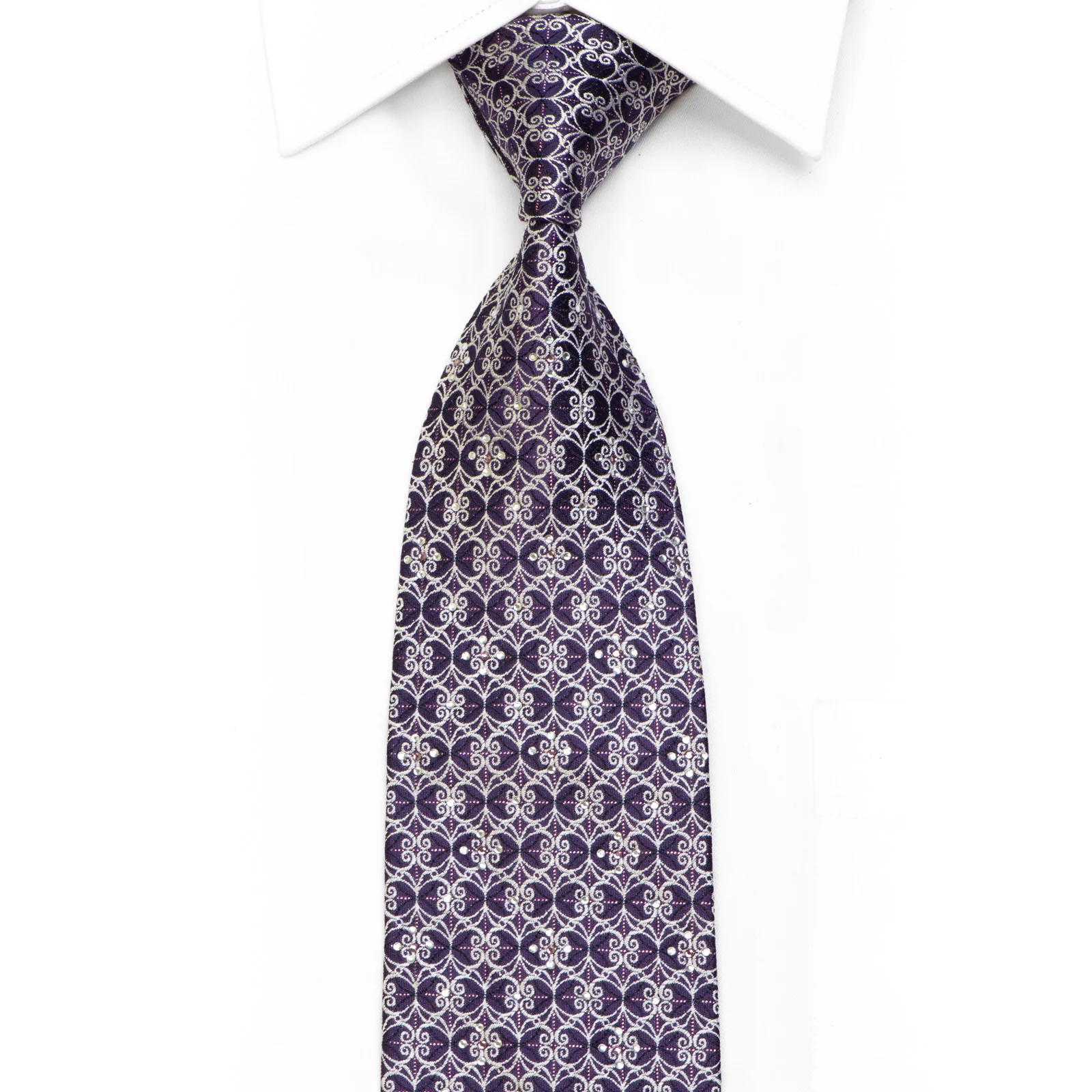 Crystal Rhinestone Silk Necktie Silver Filigree On Purple With Sparkles