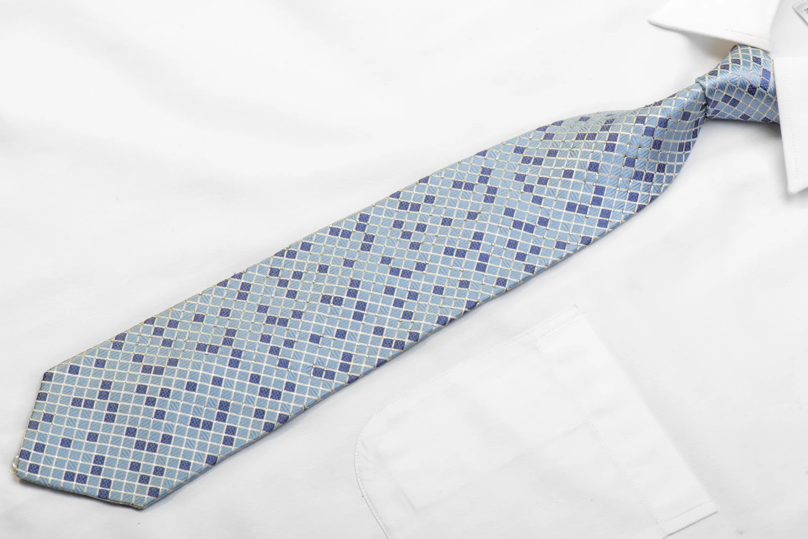 Crystal Rhinestone Silk Tie Blue Silver Checkered With Sparkles - Image 3