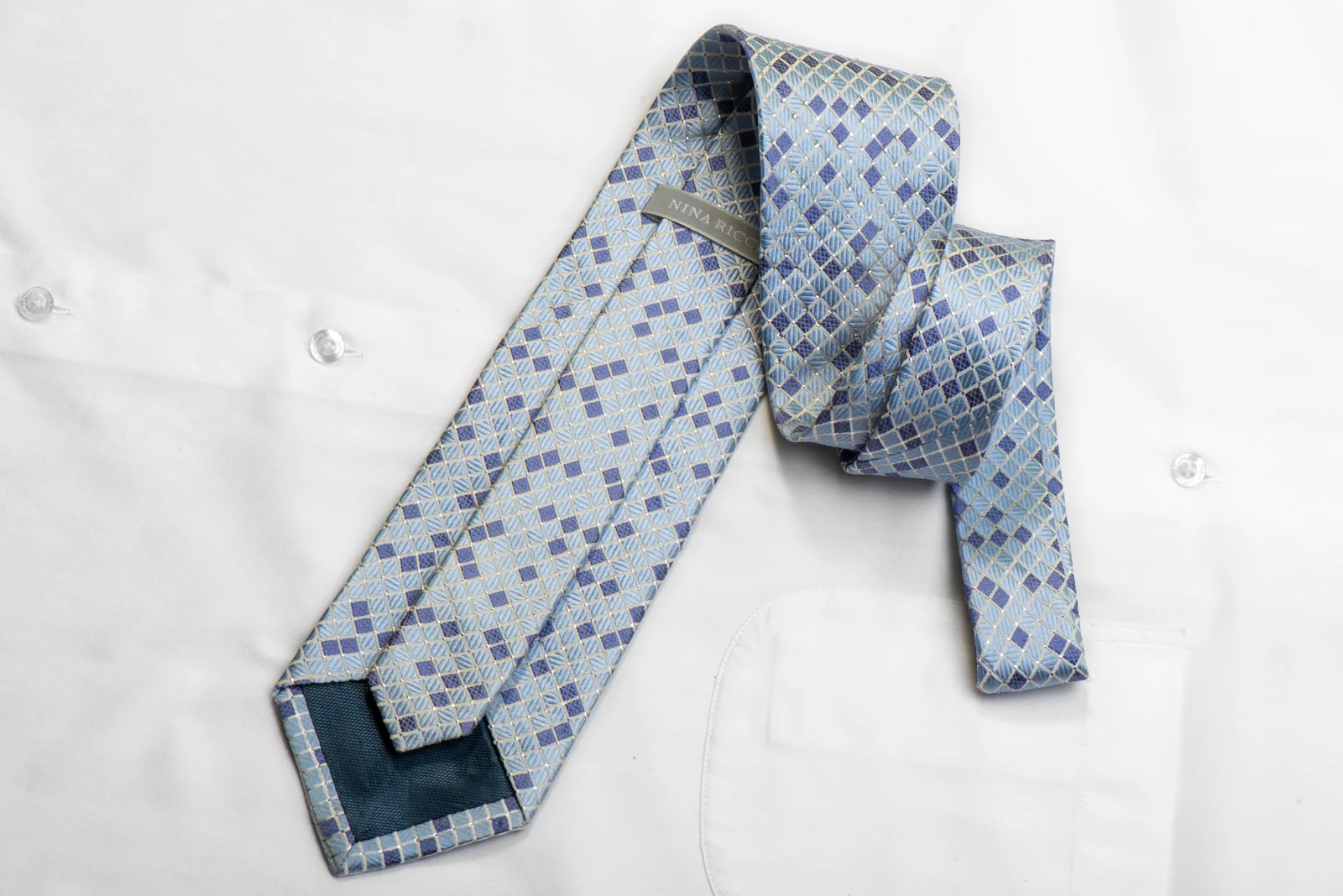 Crystal Rhinestone Silk Tie Blue Silver Checkered With Sparkles - Image 4