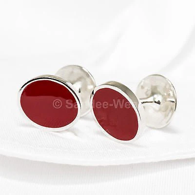 Cufflinks Solid 925 Sterling Silver Burgundy Red Enamel Handmade Jewelry - Image 3