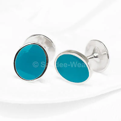 Cufflinks Solid 925 Sterling Silver Turquoise Enamel Handmade Jewelry - Image 3