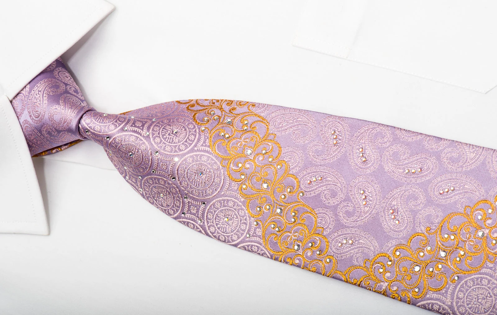 Cuni Homme Men's Silk Necktie Paisley Medallions On Mauve Sparkling With Rhinestones - Image 2