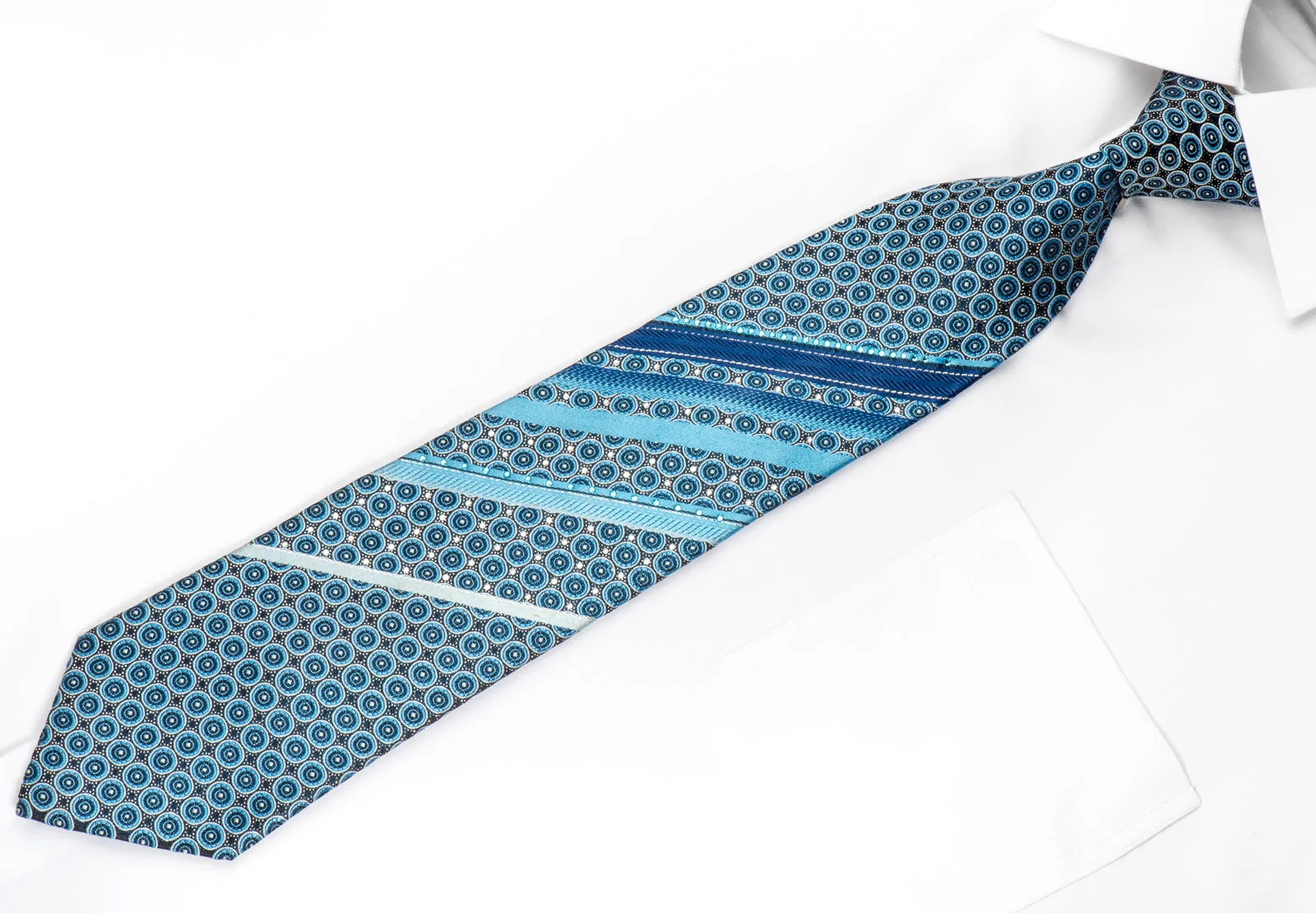 Cuni Homme Men's Silk Rhinestone Tie Geometric Circles & Stripes On Blue With Silver Sparkles - Image 2