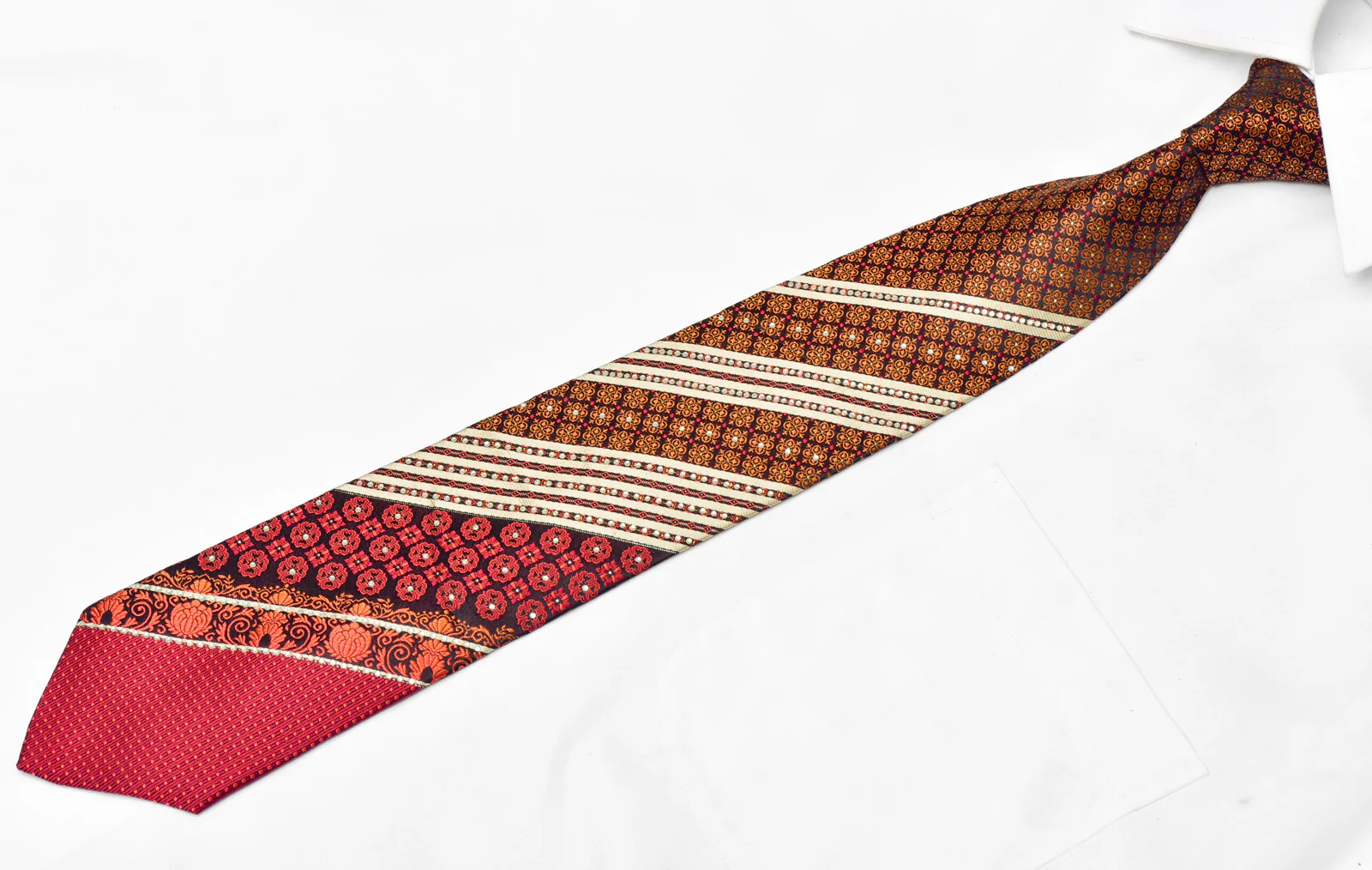 Silver Striped & Orange Cartouche Design On Navy Blue Rhinestone Silk Tie - Image 2