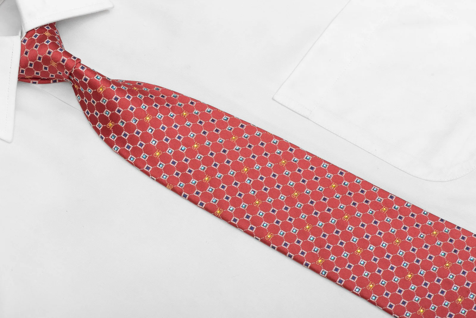Silver Blue Geometric Squares On Red Rhinestone Tie With Gold Sparkles - Image 2